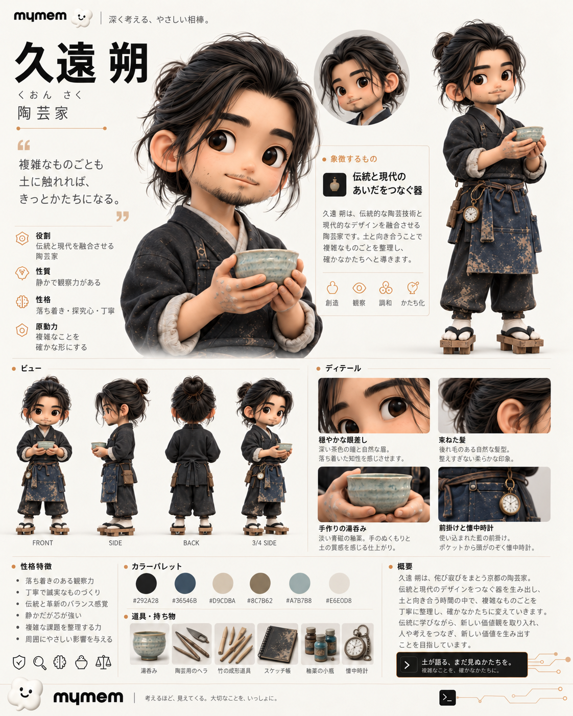 久遠 朔のキャラクター設定画。束ねた黒髪、藍色の前掛け、懐中時計、下駄。